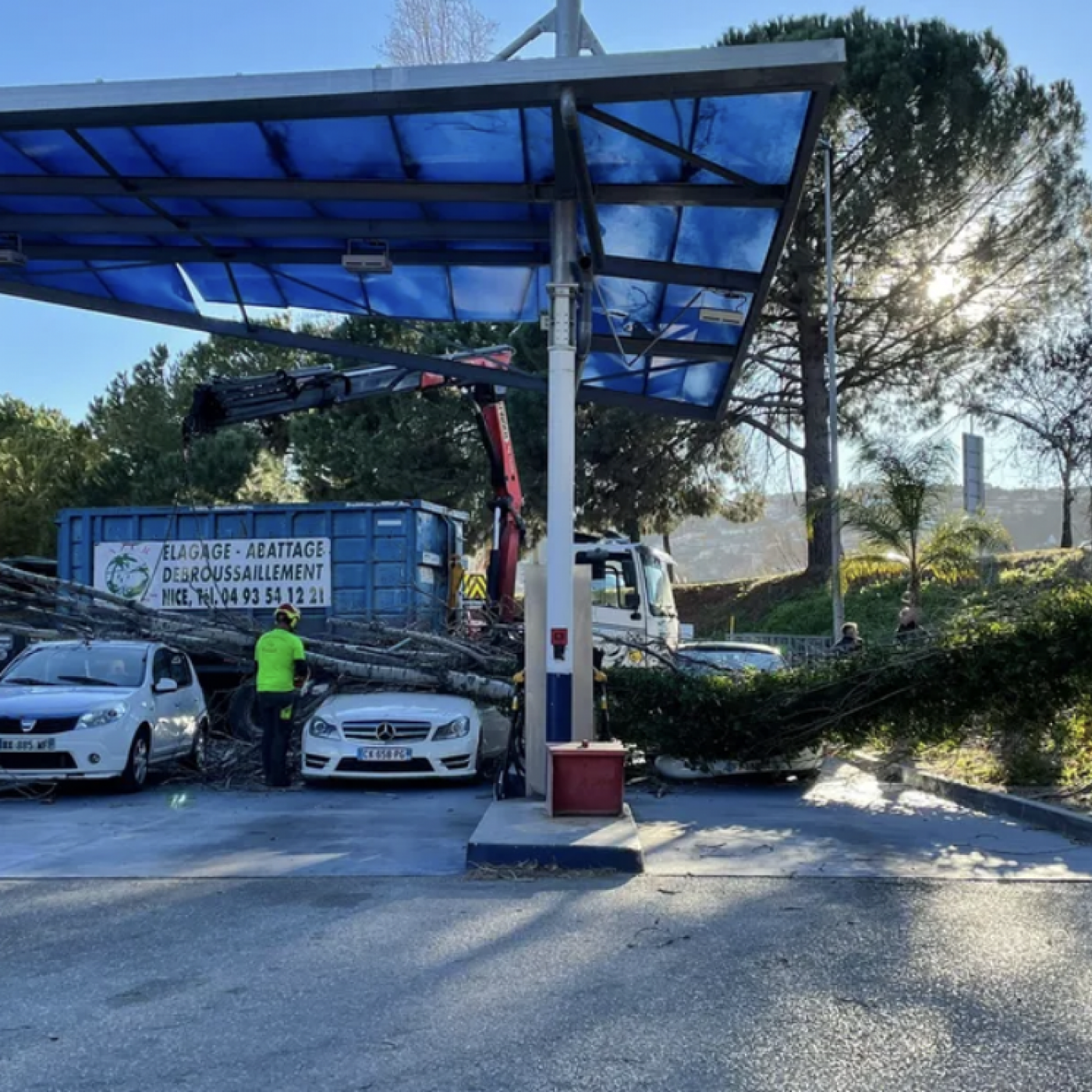 Vents violents : un arbre tombe sur une station-service à Nice, plusieurs voitures endommagées
